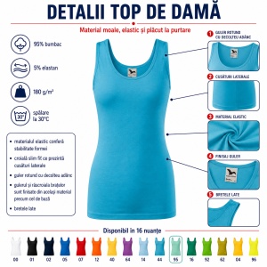 Maiou damă Malfini Triumph 136, top casual / tricou fără mâneci, 95% bumbac, XS–2XL, 16 culori - Img 5