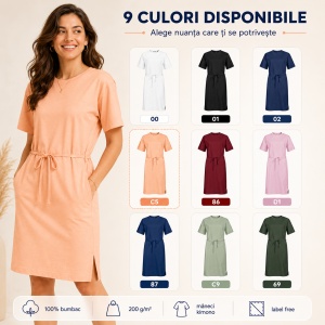 Rochie Lejeră Damă Malfini 816 Muse Tip Tricou, 100% Bumbac, 200 g/m², Mâneci Kimono, XS–2XL