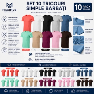 Set 10 Tricouri Bărbați 100% Bumbac – Multicolor, Coral, Alb, Negru, Gri Ice, Denim, Verde Mentă, Nisip, Rododendron, Roz și Cafea | S-3XL - Img 2