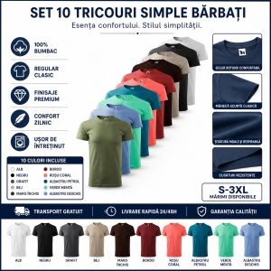 Set 10 Tricouri Bărbați 100% Bumbac Extra Calitate – Khaki, Albastru Deschis, Verde Mentă, Albastru Petrol, Coral, Roșu, Negru, Gri Ardezie, Gri Ice și Alb - Img 2