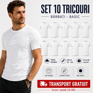 Set 10 Tricouri Bărbați Albe 100% Bumbac – Simple, Clasice, XS-5XL | Transport Gratuit