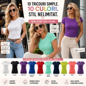 Set 10 Tricouri Damă 100% Bumbac – Multicolor, Alb, Negru, Purpuriu, Albastru Regal, Roșu, Verde Mentă, Midnight Blue, Lime, Coral și Violet | Transport Gratuit - Img 6