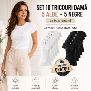 Set 10 Tricouri Damă Basic, 5 Albe + 5 Negre, 100% Bumbac, La Baza Gâtului – Malfini - Img 7