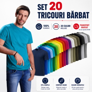 Set 20 Tricouri Bărbați 100% Bumbac, Multicolor, Croială Regular Fit, Mărimi S - 3XL, Transport Gratuit