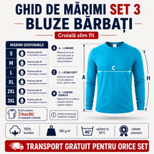 Set 3 Bluze Bărbați 100% Bumbac, Mâneci Lungi, Slim Fit, 160 g/m², Aceeași Culoare, 14 Culori Disponibile, Mărimi S–3XL - Img 6