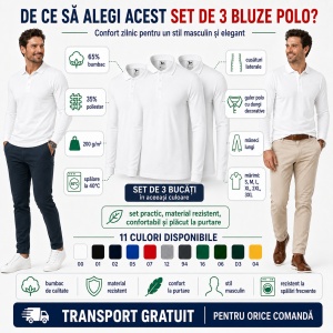 Set 3 bluze polo bărbat, cu guler tip Tommy, mânecă lungă, 11 nuanțe disponibile - Img 2