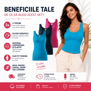 Set 3 Maiouri Damă Tip Top din Bumbac cu Elastan – Tricouri Fără Mâneci, Turcoaz, Albastru Marin și Purpuriu | XS-2XL - Img 6