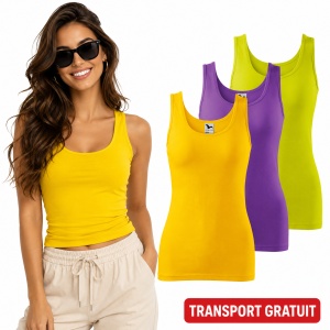 Set 3 Maiouri Damă Tip Top din Bumbac cu Elastan – Tricouri Fără Mâneci, galben, violet, lime | XS-2XL