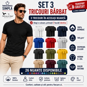Set 3 Tricouri Bărbat în Aceeași Nuanță, 100% Bumbac, 145 g/m², Guler Rotund, 26 Culori, Mărimi S–3XL - Img 8