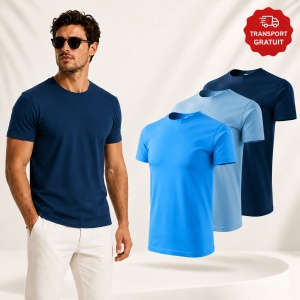 Set 3 Tricouri Bărbați 100% Bumbac – Albastru Închis, Snorkel Blue și Azuriu S - 3XL