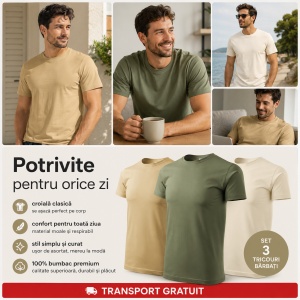 Set 3 Tricouri Bărbați 100% Bumbac – Culori Naturale, Nisip, Khaki, Migdală - Img 2