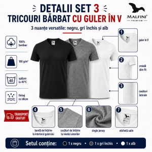 Set 3 Tricouri Bărbați 100% Bumbac cu Guler V-Neck – Alb, Negru și Gri | Model 102 | Transport Gratuit - Img 3