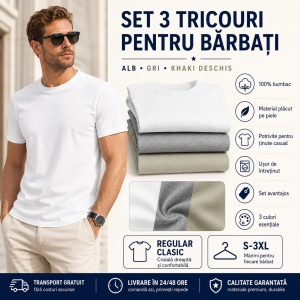 Set 3 Tricouri Bărbați 100% Bumbac Regular Clasic – Alb, Gri Închis și Kaki Deschis | S-3XL - Img 8