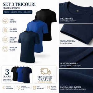 Set 3 Tricouri Bărbați 100% Bumbac Regular Clasic – Albastru Marin, Albastru Regal și Negru | S-3XL - Img 10