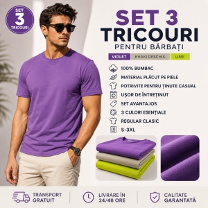 Set 3 Tricouri Bărbați 100% Bumbac Regular Clasic – Violet, Khaki Deschis și Lime | S-3XL - Img 4
