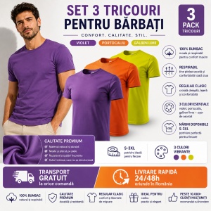 Set 3 Tricouri Bărbați 100% Bumbac Regular Clasic – Violet, Portocaliu și Galben Lime | S-3XL - Img 9