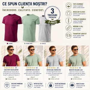 Set 3 Tricouri Bărbați 100% Bumbac Regular Clasic – Vișiniu, Verde Sage și Gri Ice | S-3XL - Img 8