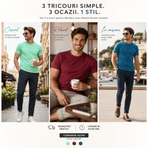 Set 3 Tricouri Bărbați 100% Bumbac Regular Fit – Albastru Petrol, Vișiniu, Verde Mentă | S-3XL - Img 9