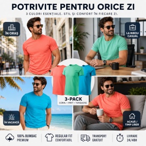 Set 3 Tricouri Bărbați 100% Bumbac Regular Fit – Coral, Verde Mentă, Turcoaz | S-3XL - Img 9