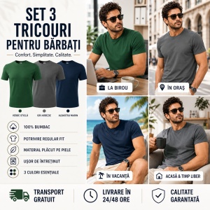 Set 3 Tricouri Bărbați 100% Bumbac Regular Fit – Gri Ardezie, Albastru Marin, Verde - Img 7