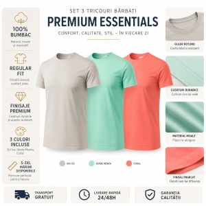 Set 3 Tricouri Bărbați 100% Bumbac Regular Fit – Gri Ice, Verde Mentă, Coral | S-3XL - Img 9
