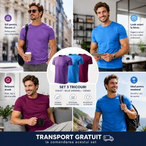 Set 3 Tricouri Bărbați 100% Bumbac Regular Fit – Violet, Blue Snorkel, Vișiniu - Img 9
