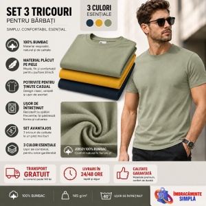 Set 3 Tricouri Bărbați din bumbac 100%, Malfini Elegant Casual – Galben, Kaki, Bleumarin - Img 8