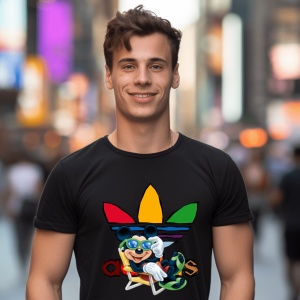 Un bărbat zâmbitor purtând un tricou negru cu design adidas, ce include un personaj animat inspirat din Mickey Mouse relaxându-se pe un șezlong, cu un logo colorat în roșu, galben și verde, pozând într-un mediu urban iluminat.