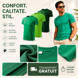 Set 3 tricouri bumbac 100% calitate simplu clasic pentru barbati, trei nuante de verde - Img 7