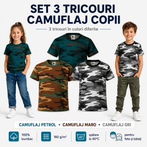 Set 3 tricouri camuflaj copii, 100% bumbac, pentru fete și băieți, mărimi 4–12 ani - Img 9