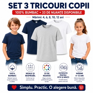 Set 3 Tricouri Copii din Bumbac 100% – Mânecă Scurtă, 35 Culori, Fete și Băieți - Img 6