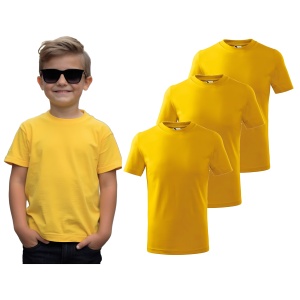 Tricou Copil baiat  imbracat cu tricou galben prezinta setul de 3 tricouri galbene