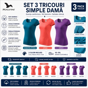 Set 3 Tricouri Damă 100% Bumbac – Albastru, Coral și Violet | Model 122 | Transport Gratuit - Img 2