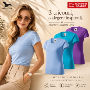 Set 3 Tricouri Damă 100% Bumbac – Casual Clasic, Albastru Deschis, Turcoaz și Violet | Transport Gratuit