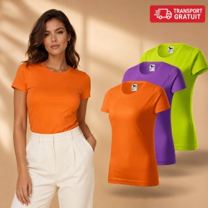 Set 3 Tricouri Damă 100% Bumbac – Casual Clasic, Portocaliu, Violet și Lime | Transport Gratuit