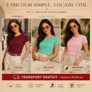 Set 3 Tricouri Damă 100% Bumbac – Casual Clasic, Vișiniu, Verde Mentă și Roz Deschis | Transport Gratuit - Img 5