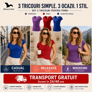 Set 3 Tricouri Damă 100% Bumbac – Elegant Casual cu Decolteu, Roșu, Purpuriu și Albastru Regal | Model 122 - Img 4