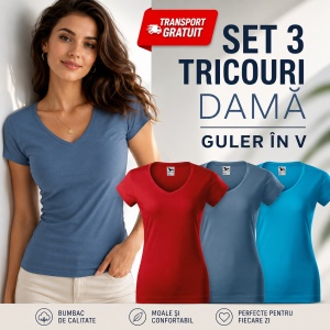 Set 3 Tricouri Damă Malfini 162 Fit V-Neck, Guler în V, Bumbac Premium, Roșu, Albastru Denim și Turcoaz