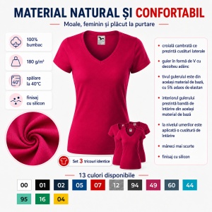 Set 3 Tricouri Damă Malfini Fit V-Neck 162 – 100% Bumbac, Croială Cambrată, Guler în V, 13 Culori - Img 7
