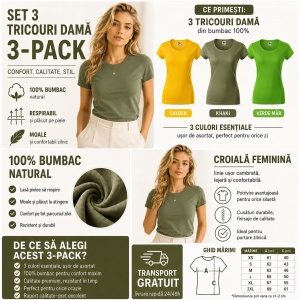 Set 3 Tricouri Damă Simple 100% Bumbac – Galben, Khaki și Verde Măr - Img 2