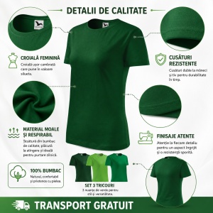 Set 3 tricouri dama simple bumbac 100%, casual clasic pentru femei verde mediu, verde mar, verde sticla 133 - Img 4