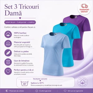 Set 3 tricouri dama simple bumbac 100%, casual clasic pentru femei multicolor, albastru deschis, turcoaz, violet 133 - Img 3