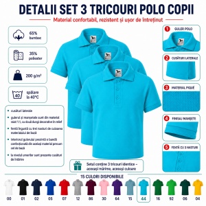 Set 3 tricouri polo copii, fete și băieți, 65% bumbac, 200 g/mp, aceeași culoare - Img 3