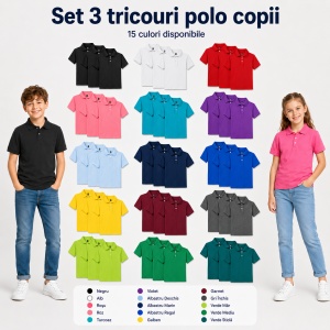 Set 3 tricouri polo copii, fete și băieți, 65% bumbac, 200 g/mp, aceeași culoare