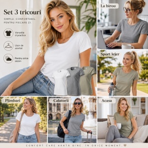 Set 3 tricouri simple dama bumbac clasic casual pentru femei, alb, gri inchis, kaki deschis 134 - Img 8