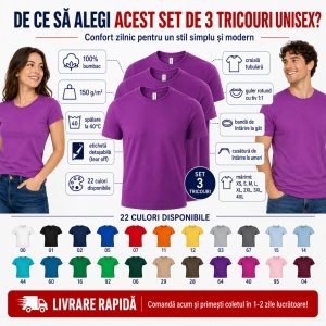 Set 3 tricouri unisex damă și bărbat, 100% bumbac, aceeași culoare, 22 nuanțe disponibile - Img 2