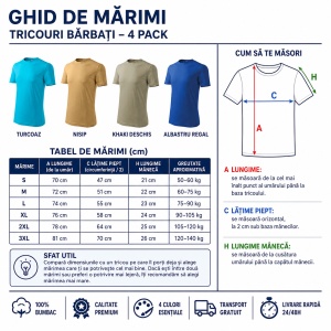 Set 4 Tricouri Bărbați 100% Bumbac Basic – Turcoaz, Nisip, Khaki Deschis și Albastru Regal | S-3XL - Img 3