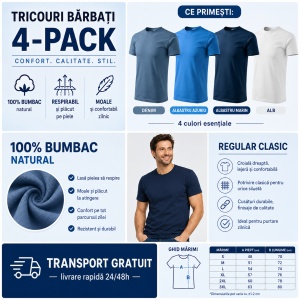Set 4 Tricouri Bărbați 100% Bumbac Regular Clasic – Denim, Albastru Azuriu, Albastru Marin și Alb | S-3XL - Img 4