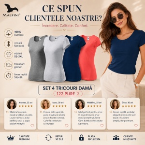 Set 4 Tricouri Damă 100% Bumbac – Casual Clasic, Gri Închis, Gri Deschis, Albastru Închis și Coral | Transport Gratuit - Img 4