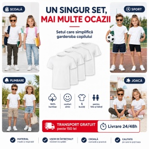 Set 5 Tricouri Albe Copii | Bumbac 100% Calitate Superioară - Img 7